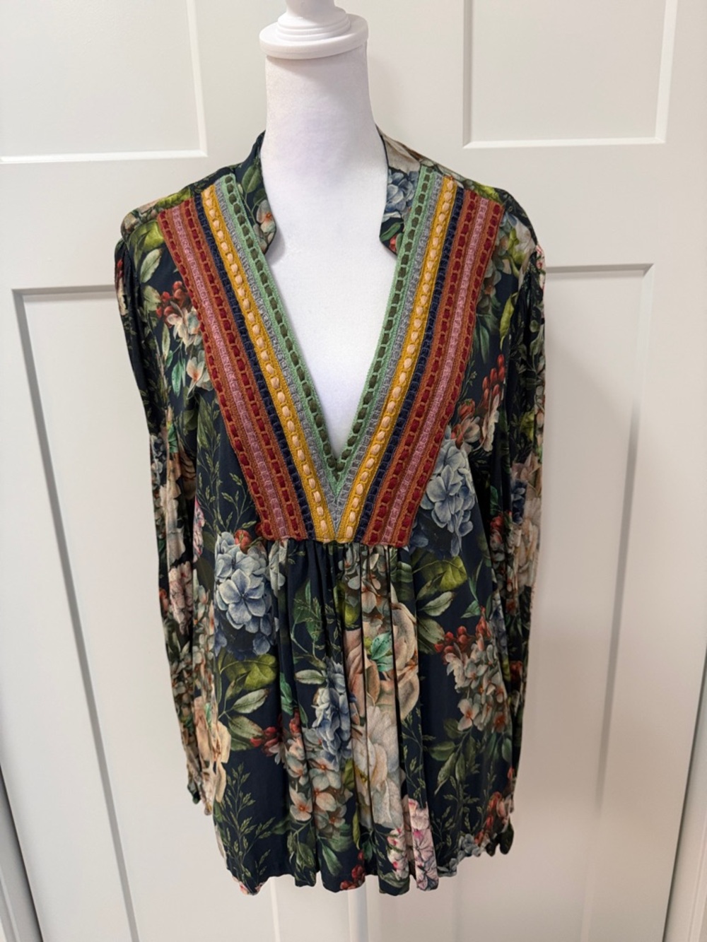 Bohemian Floral V-Neck Blouse in Black with Multicolor Trim